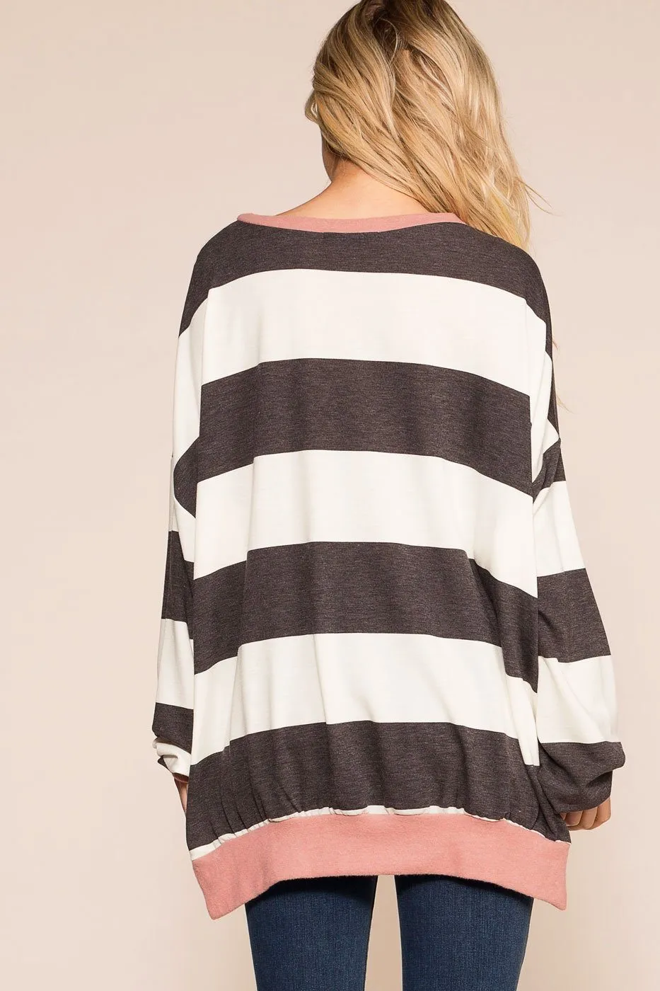 Good Friends Grey and Mauve Striped Oversize Top