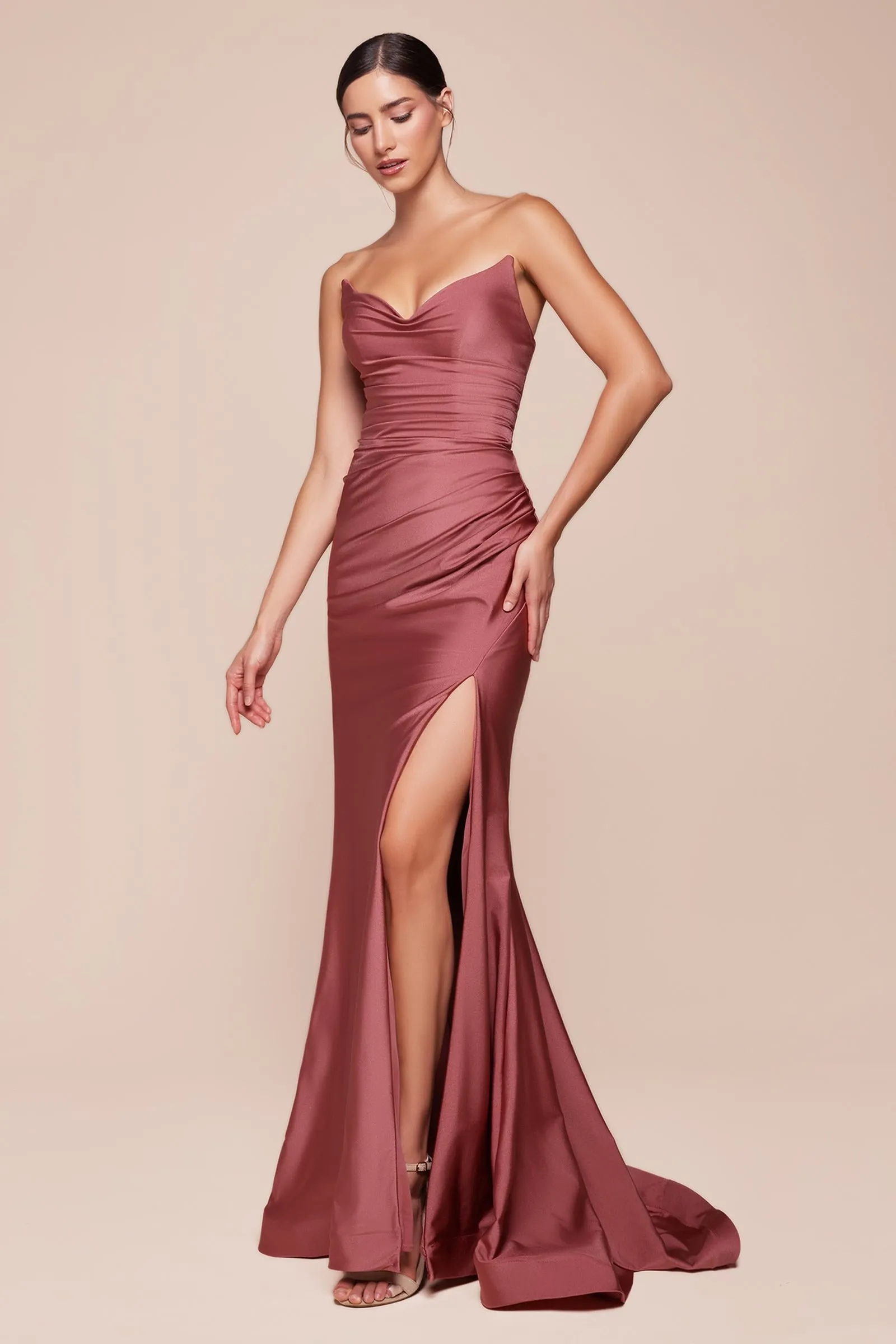 Ladivine CD791 Dress Strapless Stretch Satin Fitted Gown with Slit