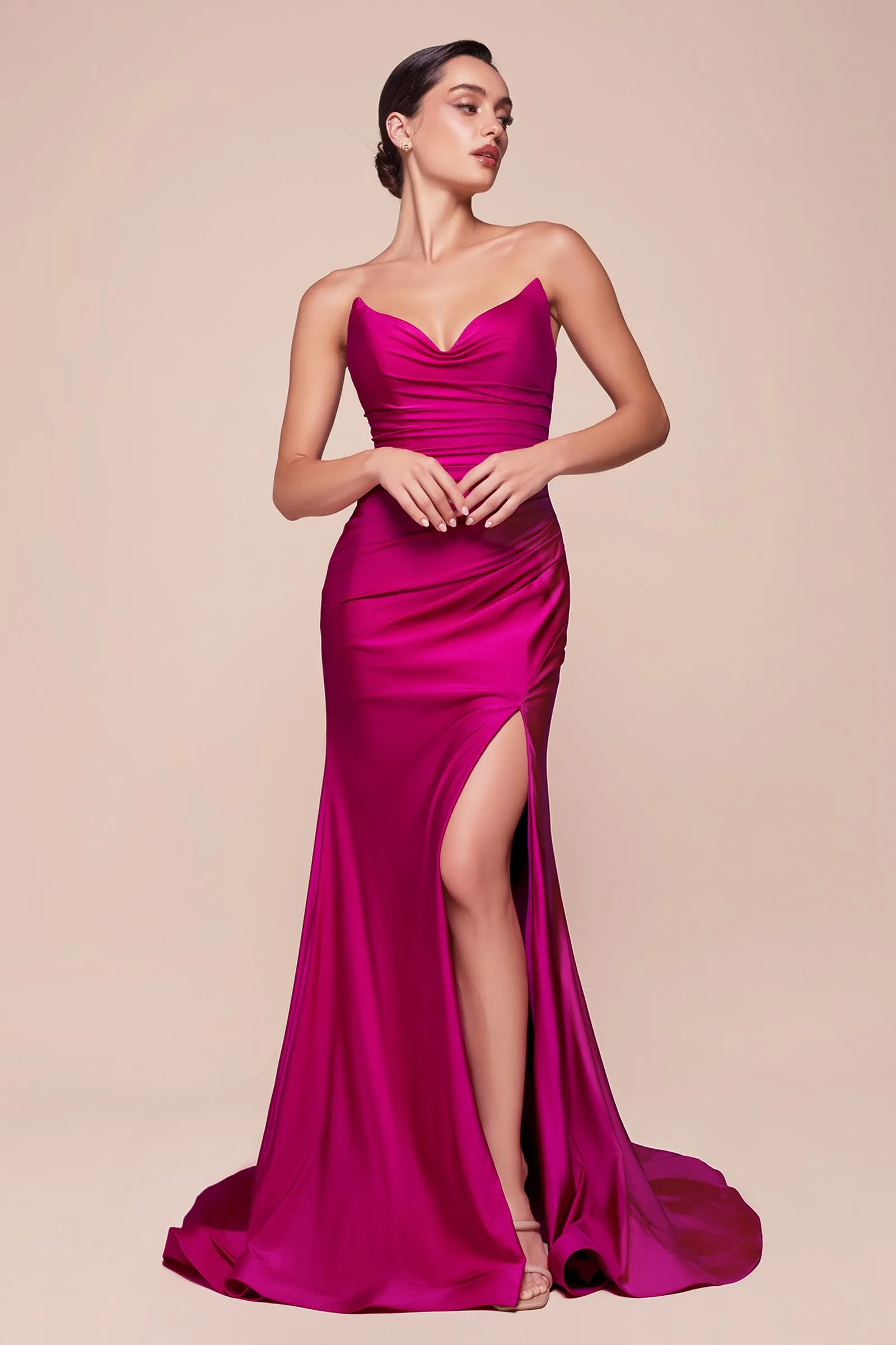 Ladivine CD791 Dress Strapless Stretch Satin Fitted Gown with Slit