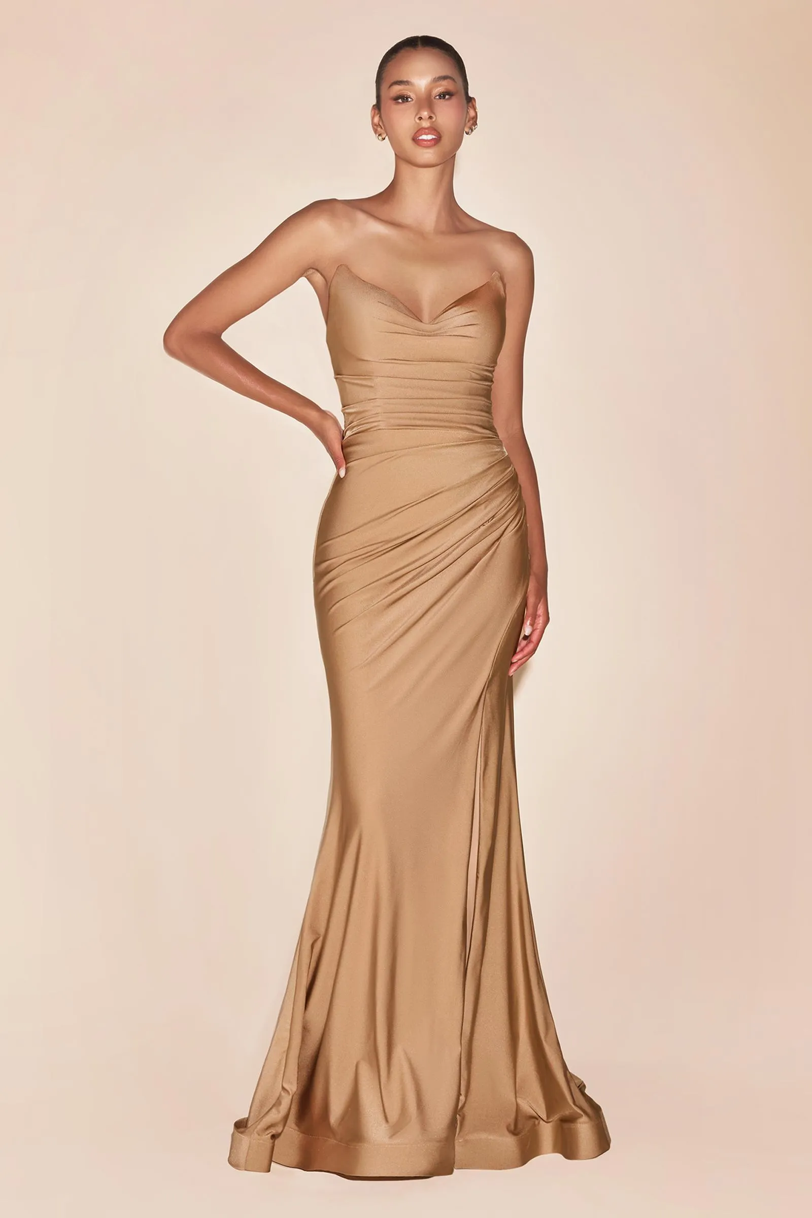 Ladivine CD791 Dress Strapless Stretch Satin Fitted Gown with Slit